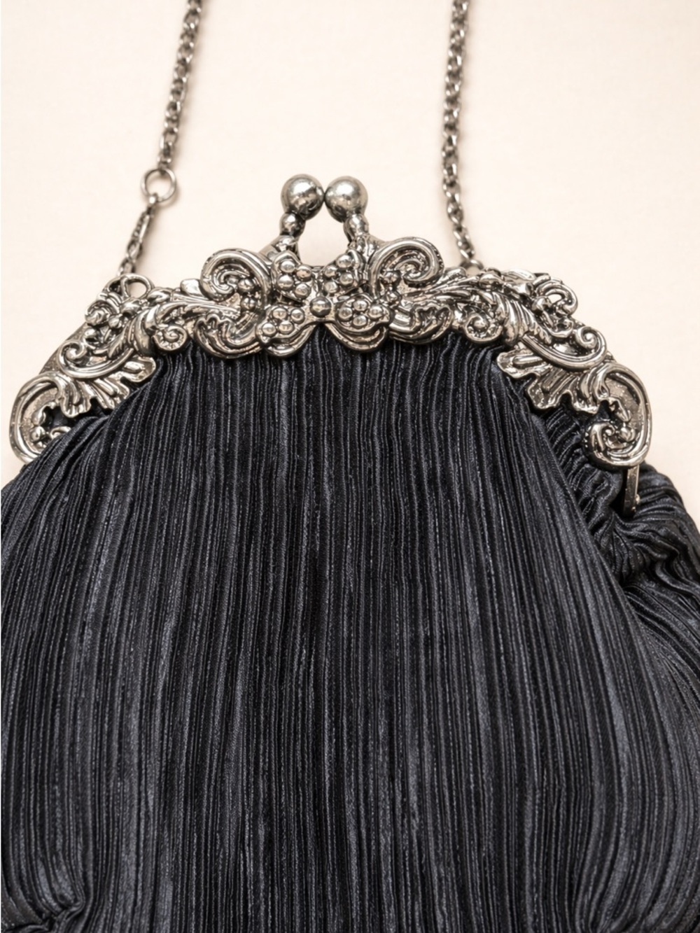 Vintage Gothic Black Kiss Lock Clutch Ornate Silver Frame Victorian Evening Bag